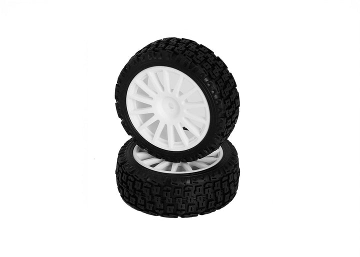 Set of 2 rally tyres/ block type tread/ wheels: 26/66mm (pre-mounted) 1/10