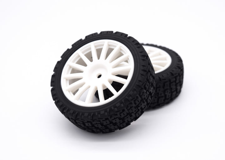 Set of 2 rally tyres/ block type tread/ wheels: 26/66mm (pre-mounted) 1/10